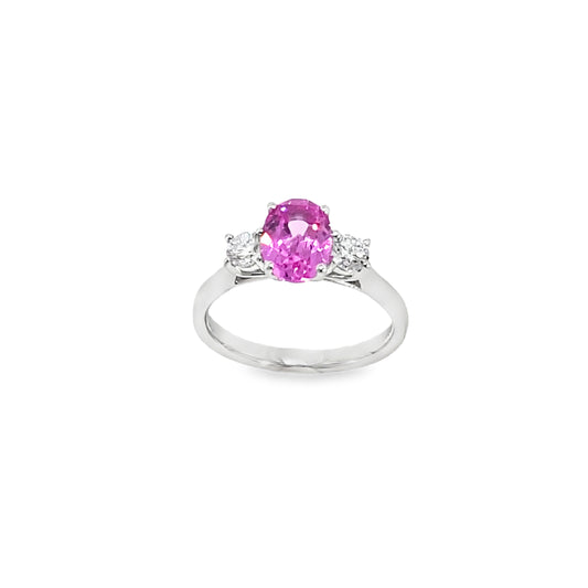 9ct White Gold Oval Cut Pink Sapphire Ring with Diamond Set Shoulders .36ct