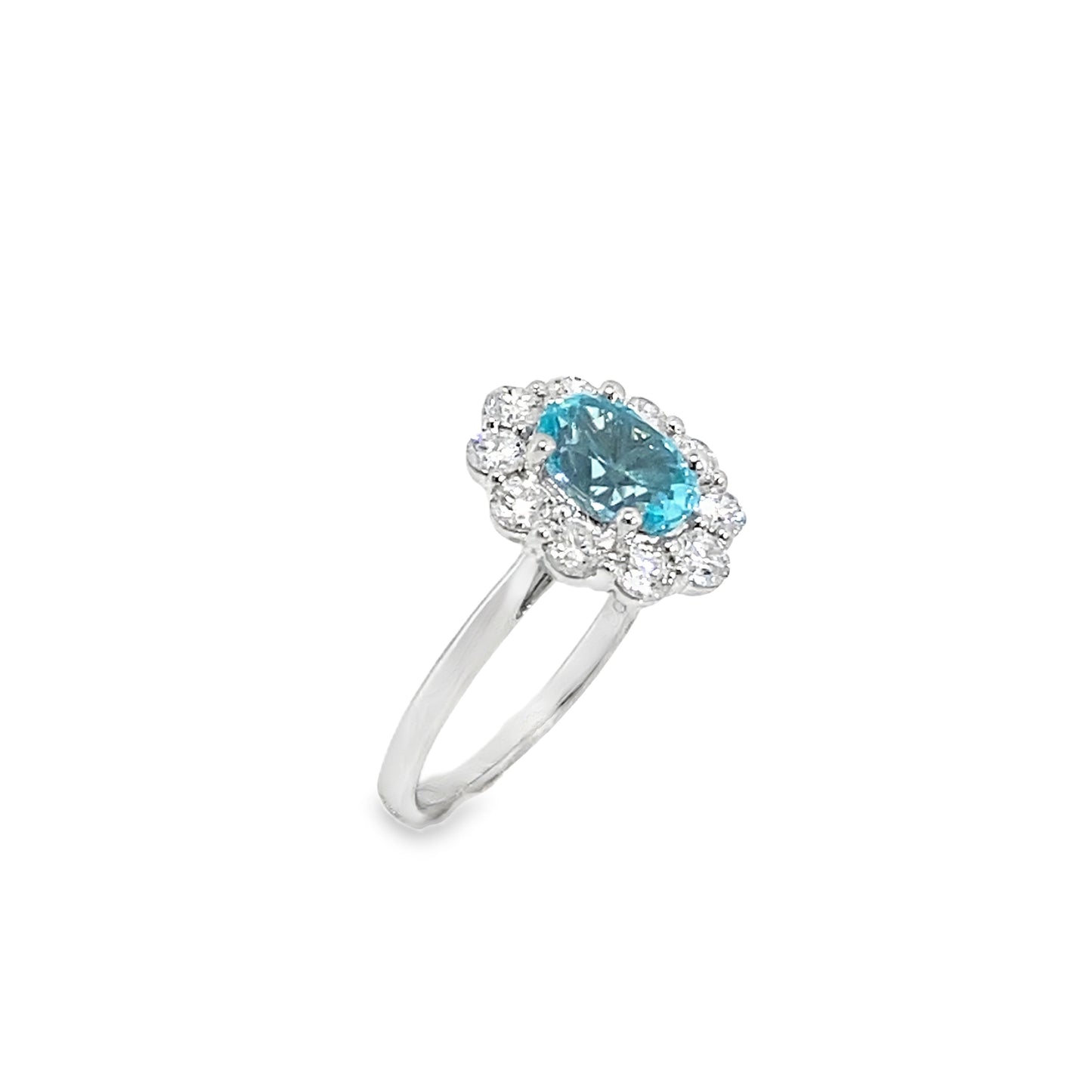 9ct White Gold Oval Paraiba Tourmaline Ring with Cultured Diamond Set Halo .80ct