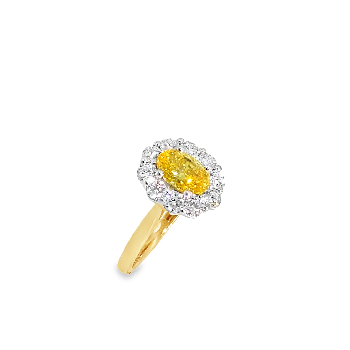 9ct Oval Cultured Fancy Vivid Yellow Diamond Ring With Cultured Diamond Halo 1.75ct