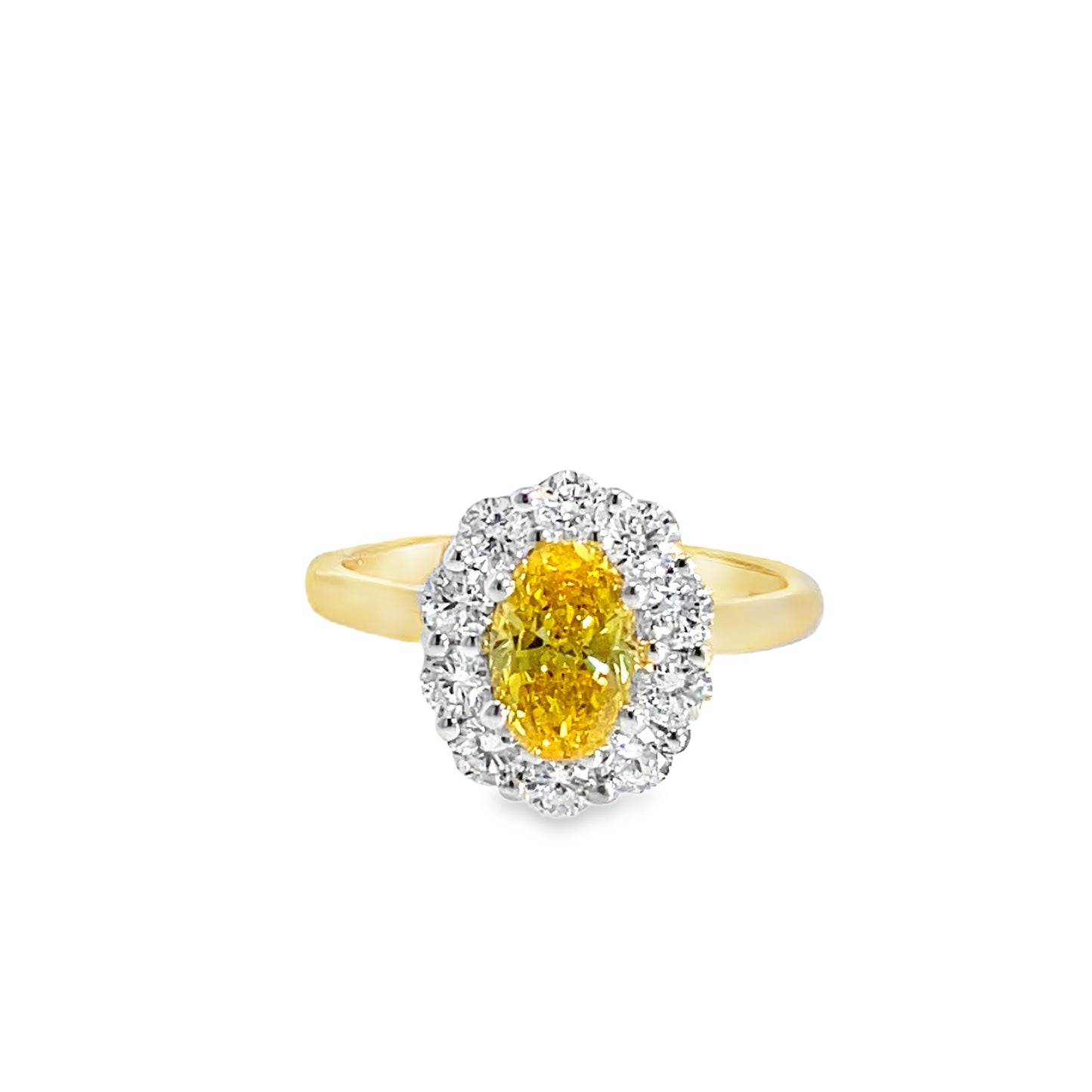 9ct Oval Cultured Fancy Vivid Yellow Diamond Ring With Cultured Diamond Halo 1.75ct