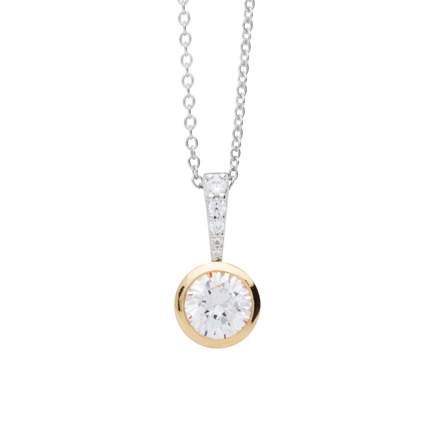 Sterling Silver Gold Plated Rubover CZ Solitaire Pendant with CZ Baile