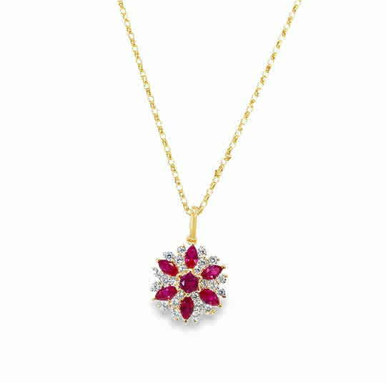 9ct White & Red CZ Round Flower Cluster Pendant
