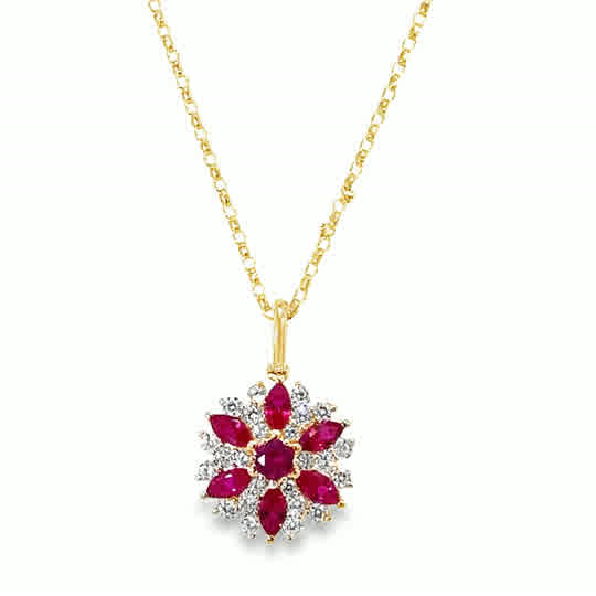 9ct White & Red CZ Round Flower Cluster Pendant