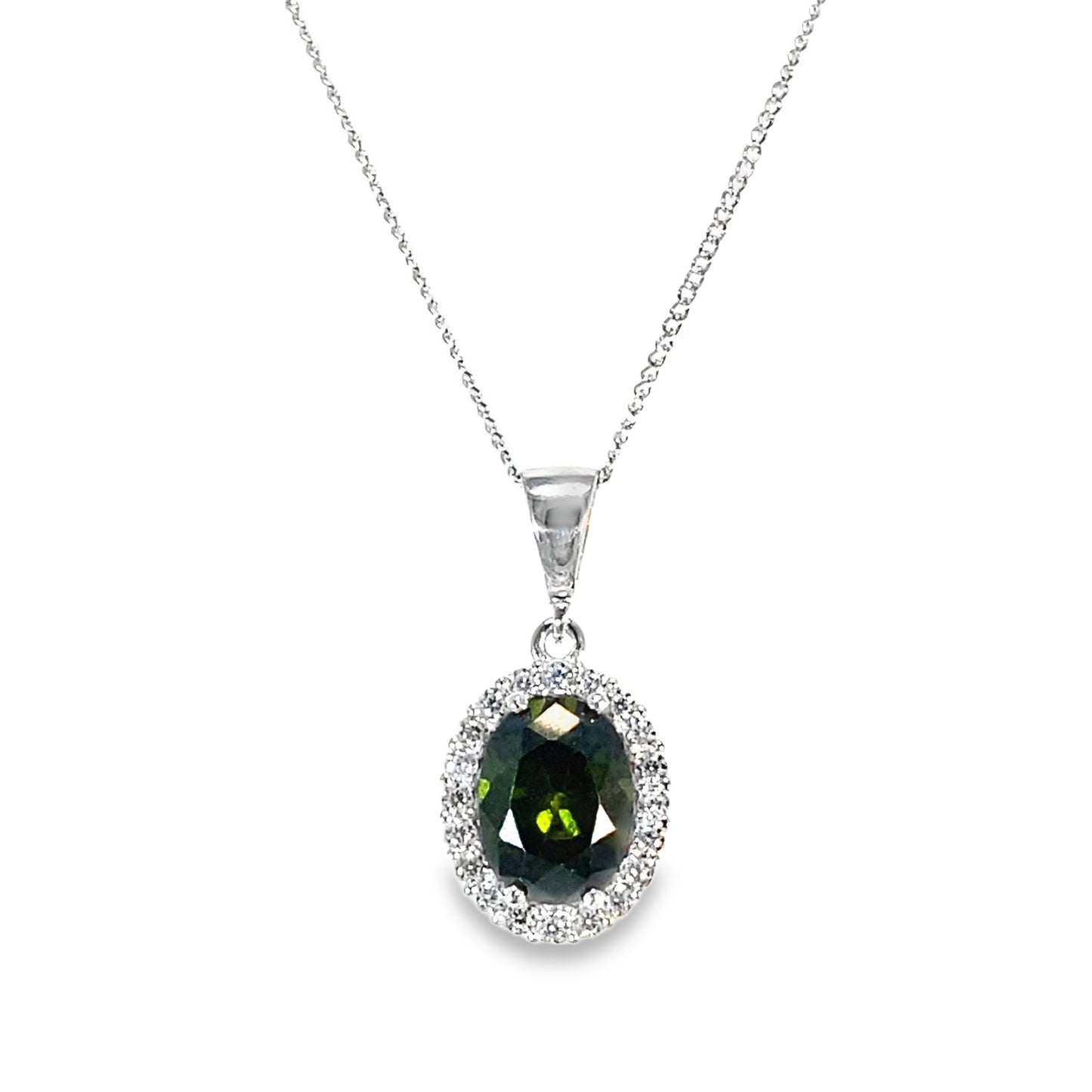 9ct White Gold Pear Cut Peridot Pendant with CZ Halo