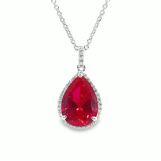 Sterlng Silver CZ Red Pear Pendant With Halo