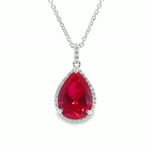 Sterlng Silver CZ Red Pear Pendant With Halo