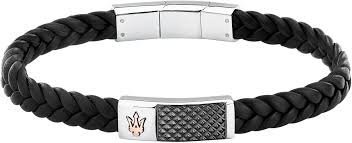 Maserati Stainless Steel Black Plaited Leather Gents Bracelet