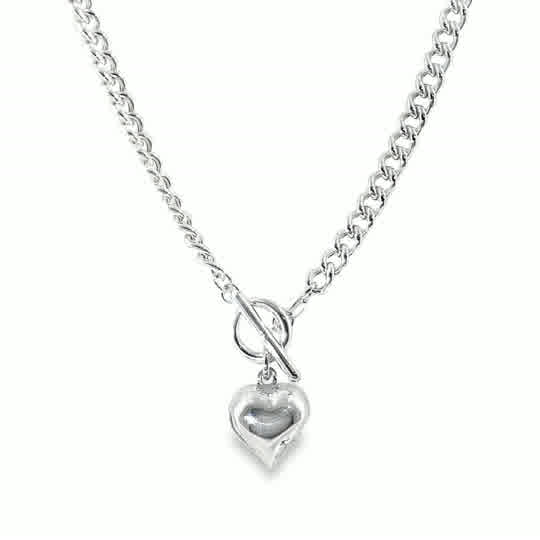 Sterling Silver Curb T-Bar Puff Heart Necklet