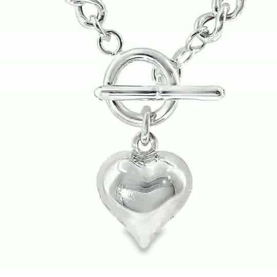 Sterling Silver Curb T-Bar Puff Heart Necklet