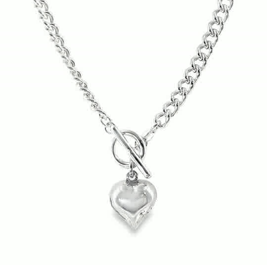 Sterling Silver Curb T-Bar Puff Heart Necklet
