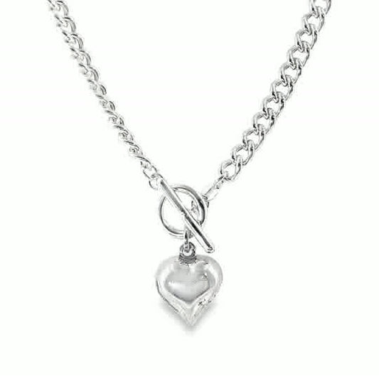 Sterling Silver Curb T-Bar Puff Heart Necklet