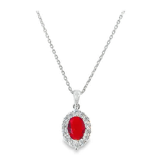 Sterling Silver Red CZ Oval Halo Pendant