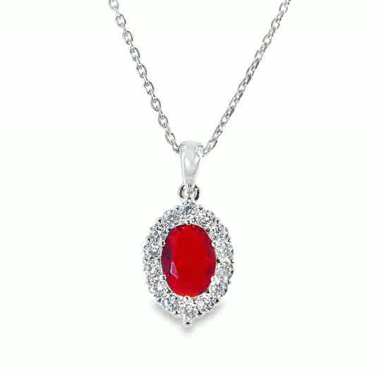 Sterling Silver Red CZ Oval Halo Pendant
