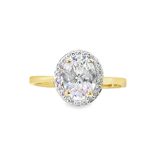 9ct Yellow Gold Round Oval Halo Cubic Zirconia Ring
