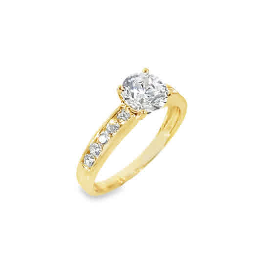 9ct Yellow Gold Round Solitaire Cubic Zirconia Ring With Channel Set Shoulders
