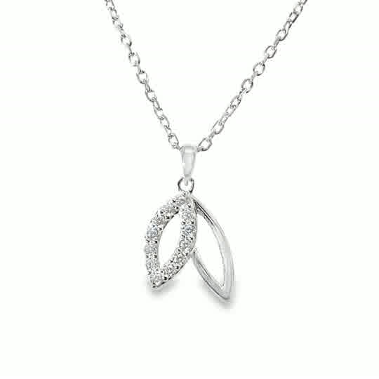 9ct White Gold Polished & CZ Open Double Leaf Pendant