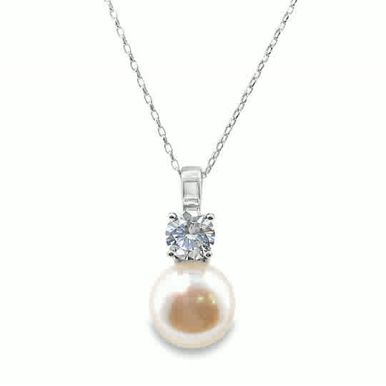 Sterling Silver Drop Pearl + Cubic Zirconia Pendant