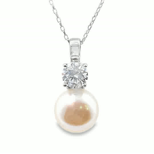 Sterling Silver Drop Pearl + Cubic Zirconia Pendant
