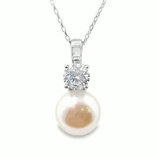 Sterling Silver Drop Pearl + Cubic Zirconia Pendant