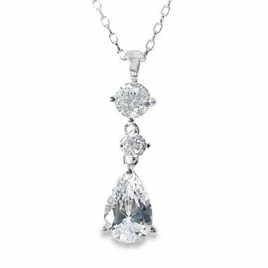 Sterling Silver Drop Pear + Two Cubic Zirconia Pendant