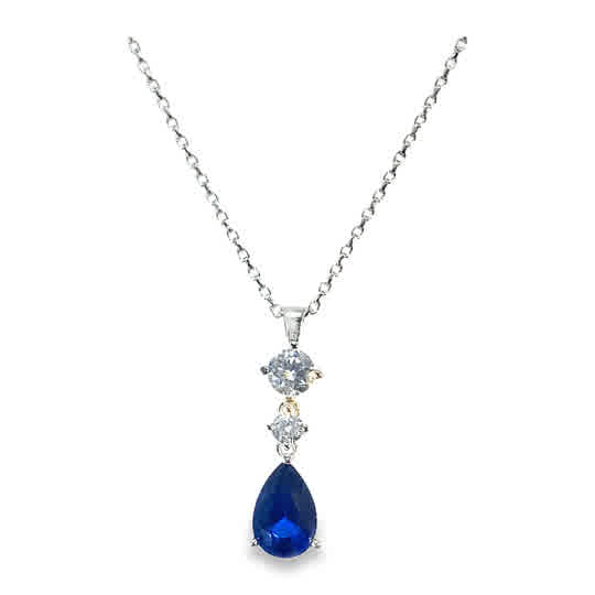 Sterling Silver Drop Dark Blue Pear + Two Cubic Zirconia Pendant
