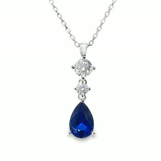 Sterling Silver Drop Dark Blue Pear + Two Cubic Zirconia Pendant