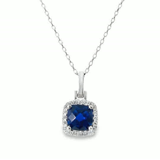 Sterling Silver Cushion Dark Blue Cubic Zirconia Halo Pendant