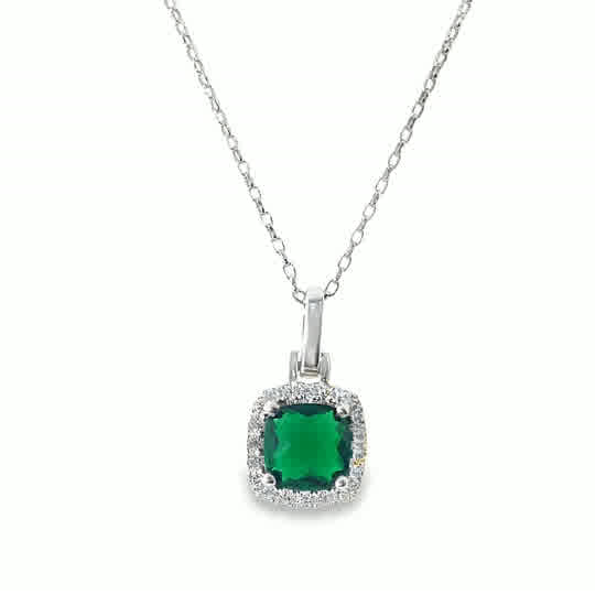 Sterling Silver Cushion Green Cubic Zirconia Halo Pendant