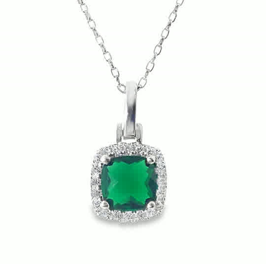 Sterling Silver Cushion Green Cubic Zirconia Halo Pendant