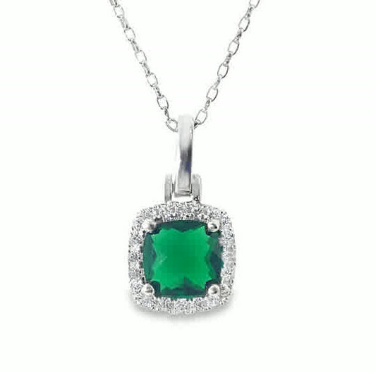 Sterling Silver Cushion Green Cubic Zirconia Halo Pendant