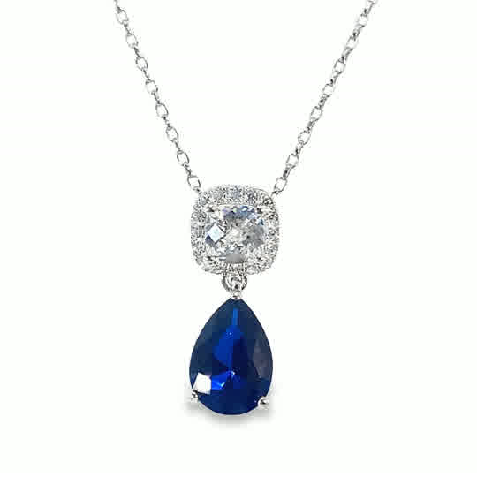Sterling Silver Drop Dark Blue Pear + Cubic Zirconia Halo Pendant