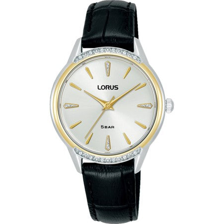Ladies Lorus White Dial CZ Bezel Black Strap