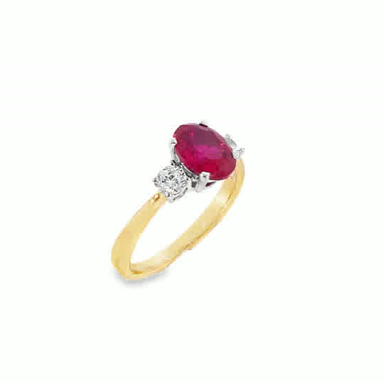9ct Cubic Zirconia Red Oval 3 Stone Ring With Round Shoulders