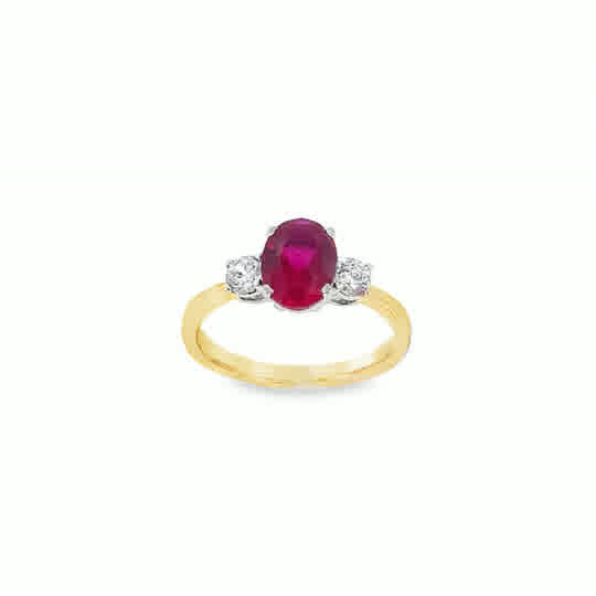 9ct Cubic Zirconia Red Oval 3 Stone Ring With Round Shoulders