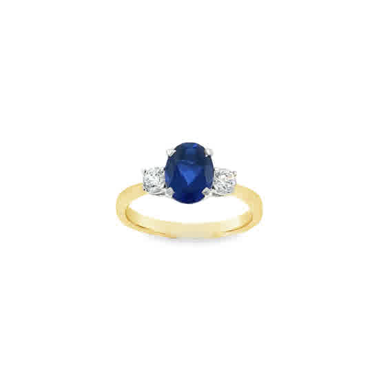 9ct Cubic Zirconia Blue Oval 3 Stone Ring With Round Shoulders