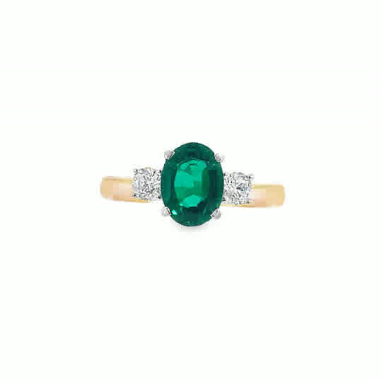 9ct Cubic Zirconia Green Oval 3 Stone Ring With Round Shoulders