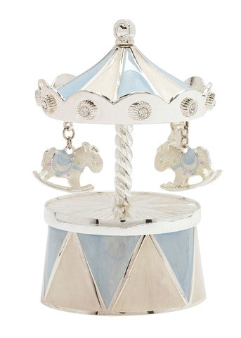 Silver Plated Blue Carousel Music Box Christening Gift