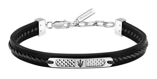 Gents Maserati Black Leather and Stainless Steel Bracelet