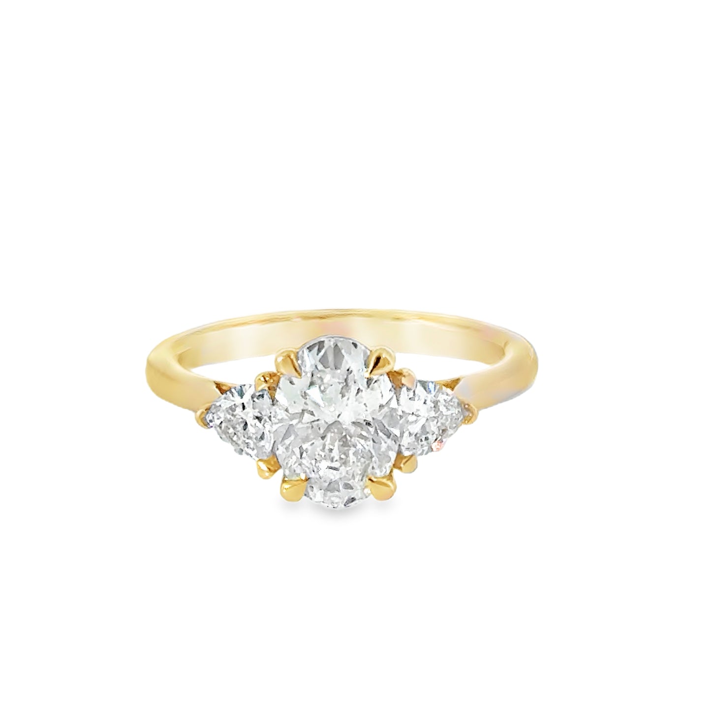 9ct Yellow gold Three Stone Oval and Demilune Cute Cultured Diamond Ring 1.93ct