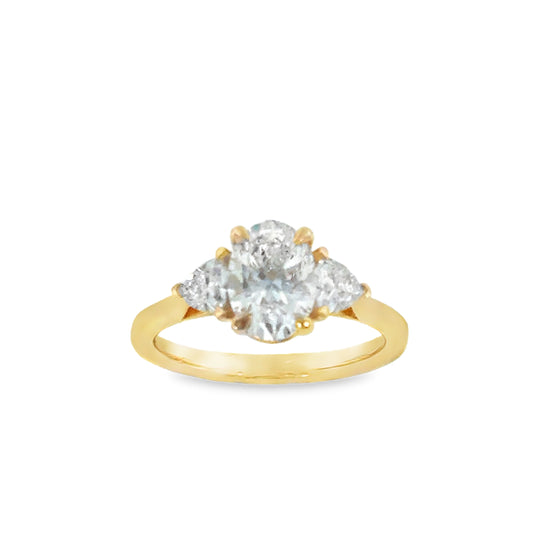 9ct Yellow gold Three Stone Oval and Demilune Cute Cultured Diamond Ring 1.93ct