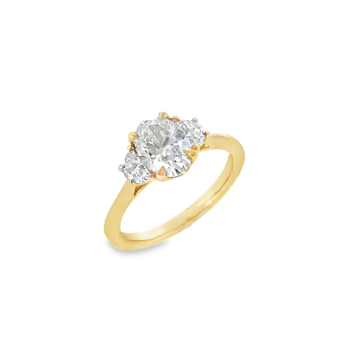 9ct Yellow Gold Three Stone Oval and Demilune Cut Cultured Diamond Ring 1.41ct