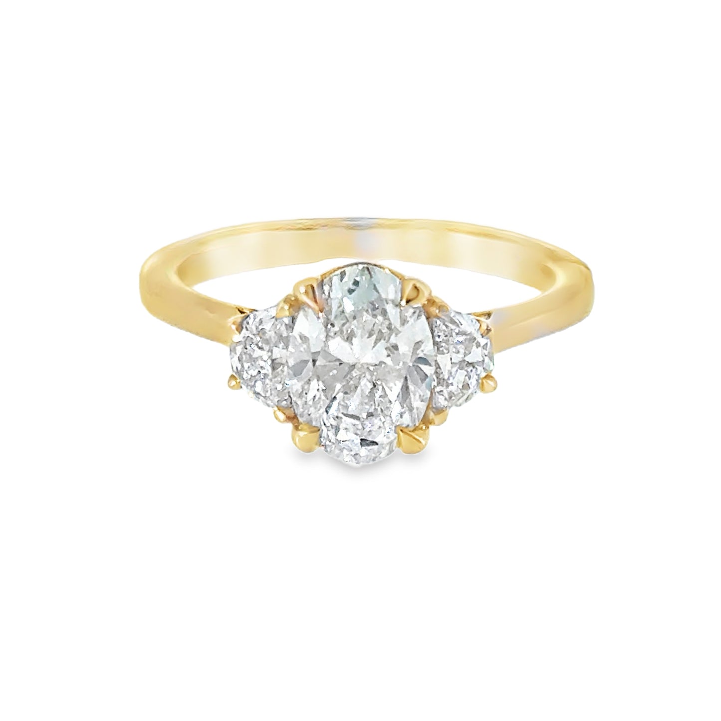9ct Yellow Gold Three Stone Oval and Demilune Cut Cultured Diamond Ring 1.41ct