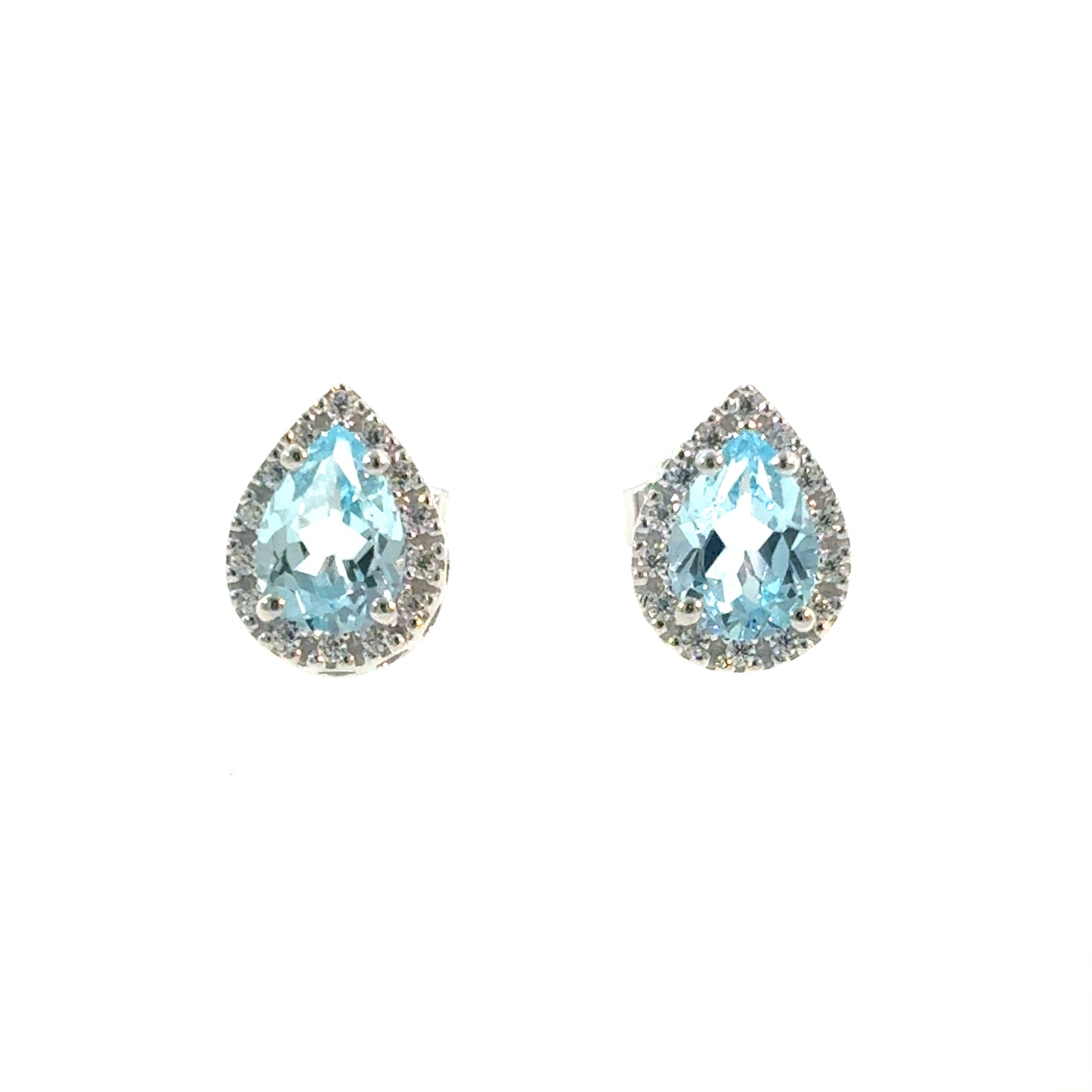 Sterling Silver Pear Cut Sky Blue Topaz Earrings With CZ Halo