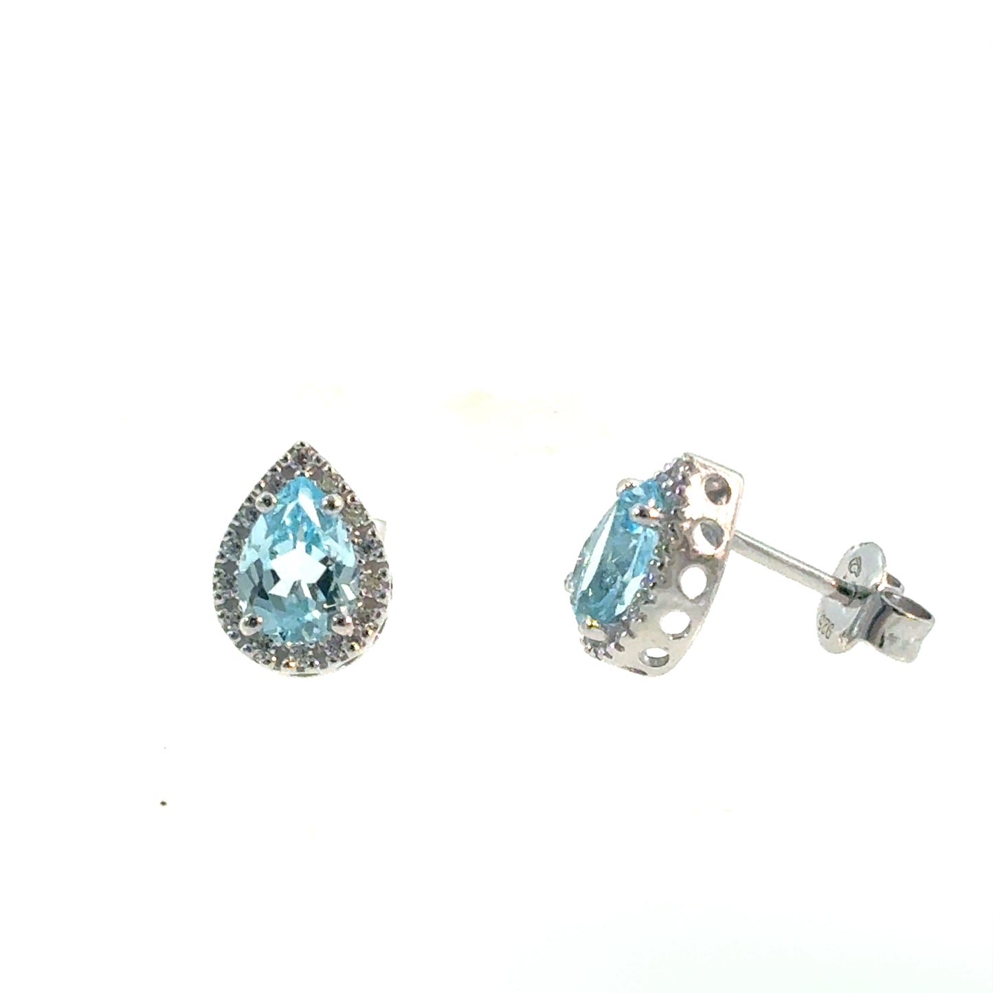 Sterling Silver Pear Cut Sky Blue Topaz Earrings With CZ Halo