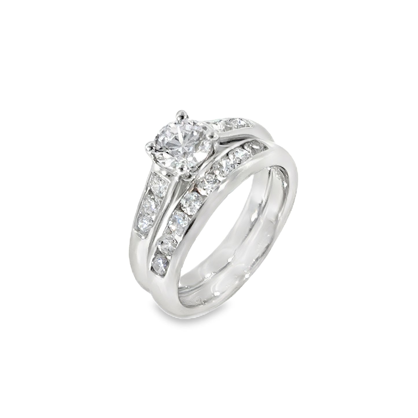 Sterling Silver Round Solitaire CZ Ring with Channel Set Shoulders and Channel Set Eternity Ring Set