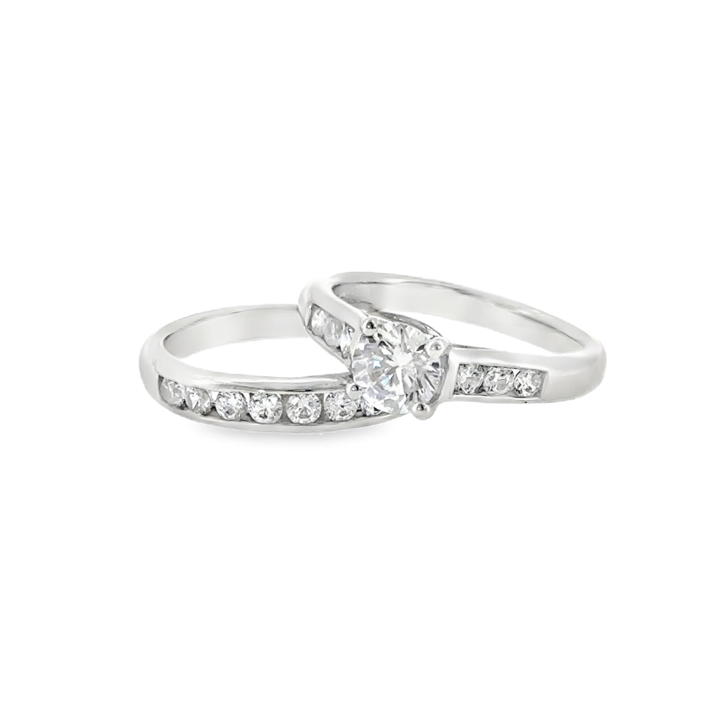 Sterling Silver Round Solitaire CZ Ring with Channel Set Shoulders and Channel Set Eternity Ring Set