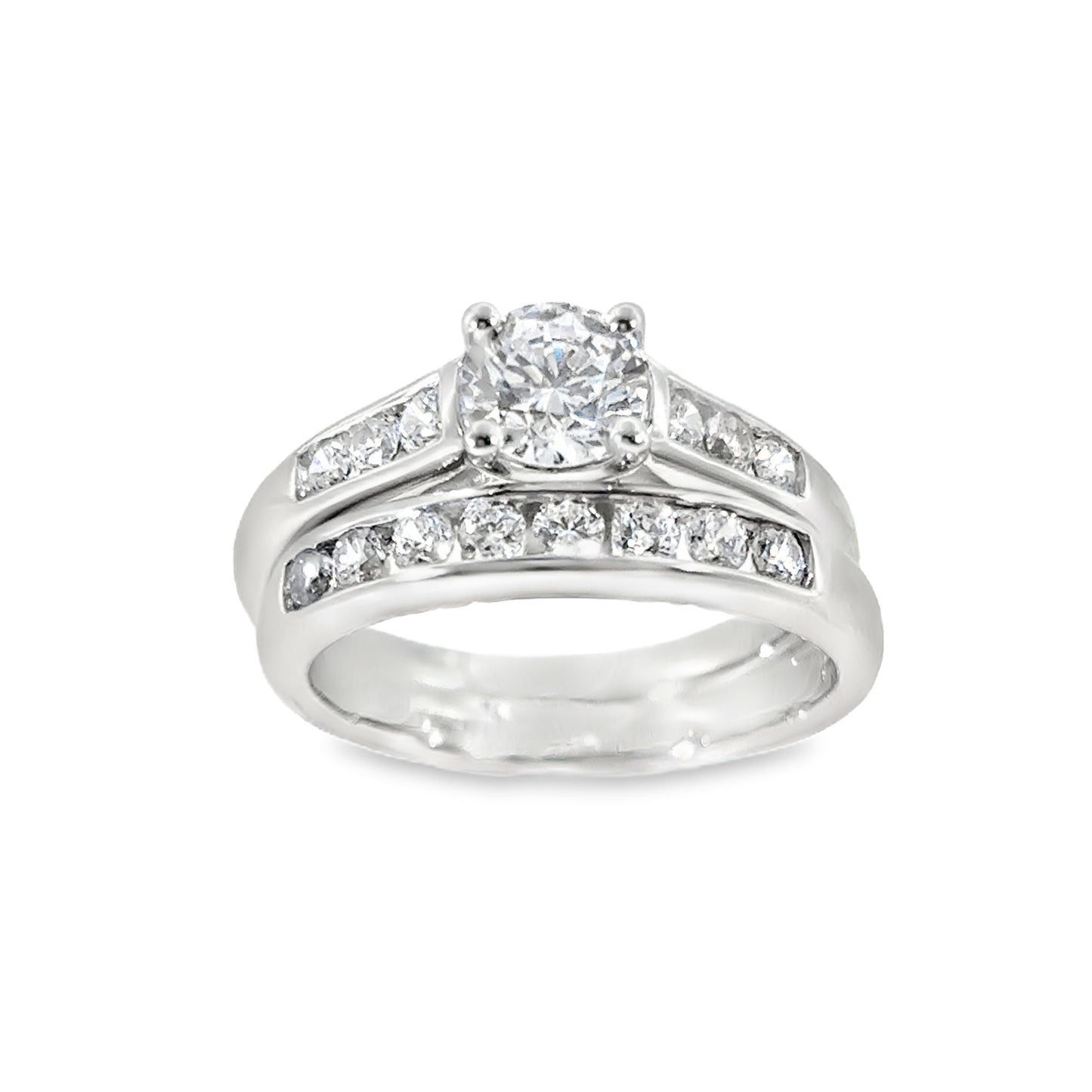 Sterling Silver Round Solitaire CZ Ring with Channel Set Shoulders and Channel Set Eternity Ring Set