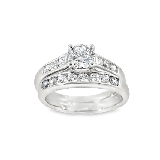 Sterling Silver Round Solitaire CZ Ring with Channel Set Shoulders and Channel Set Eternity Ring Set