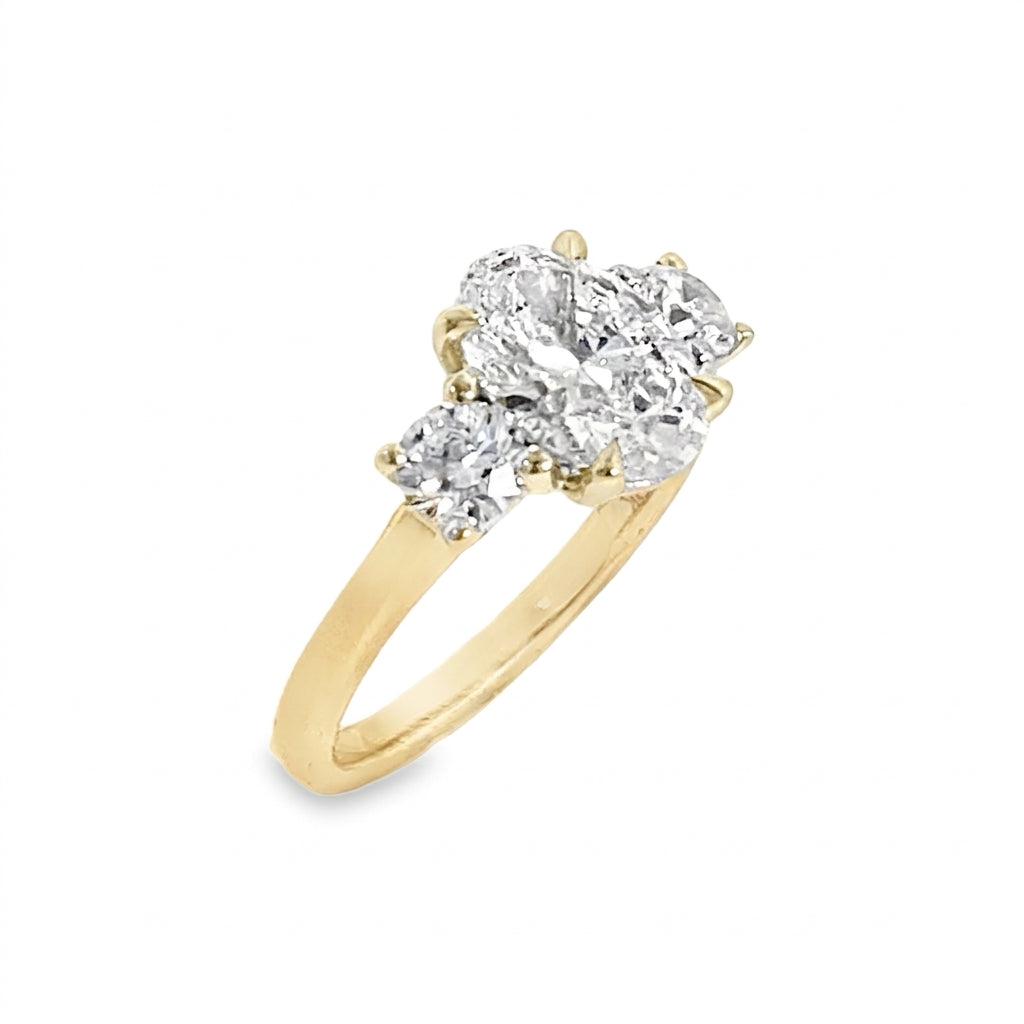 9ct 3 Stone Oval Cultured Diamond Ring With Round Brilliant Shoulders 2.60ct