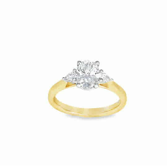 9ct 3 Stone Oval  Cut Centre Cultured Diamond Ring With Cultured Pear Cut Shoulders 1.15ct